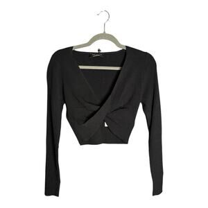 MinkPink Black Ribbed Long Sleeve Twist Front Cropped Top Size Large